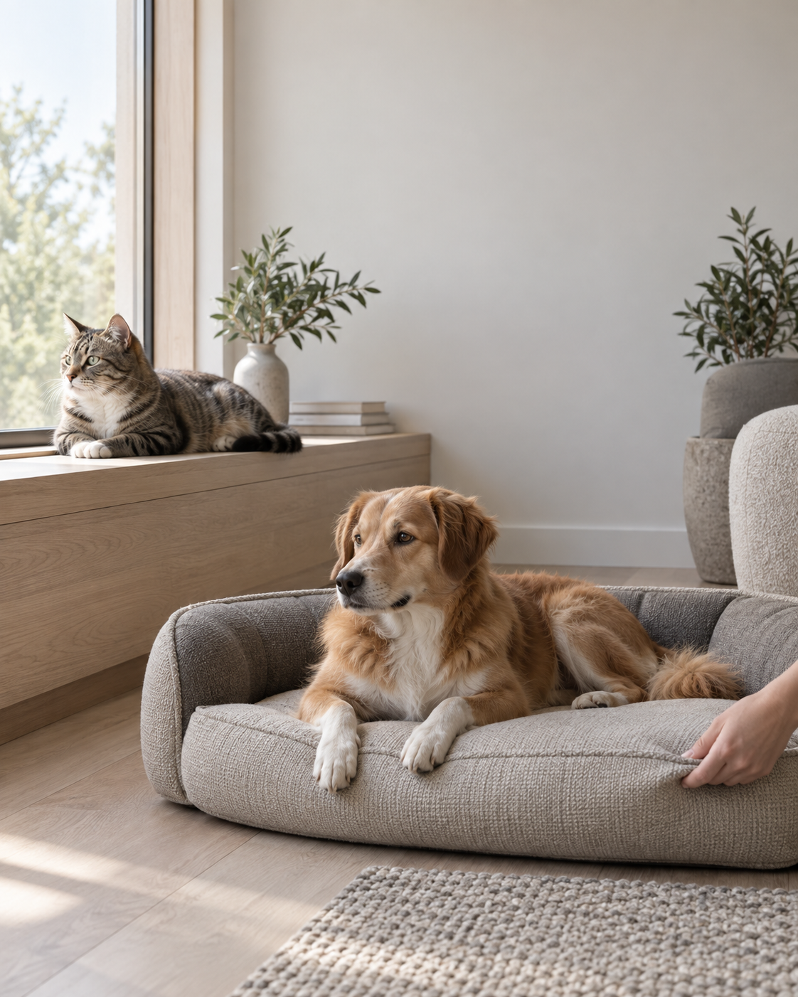 Human and pets sharing a calm home